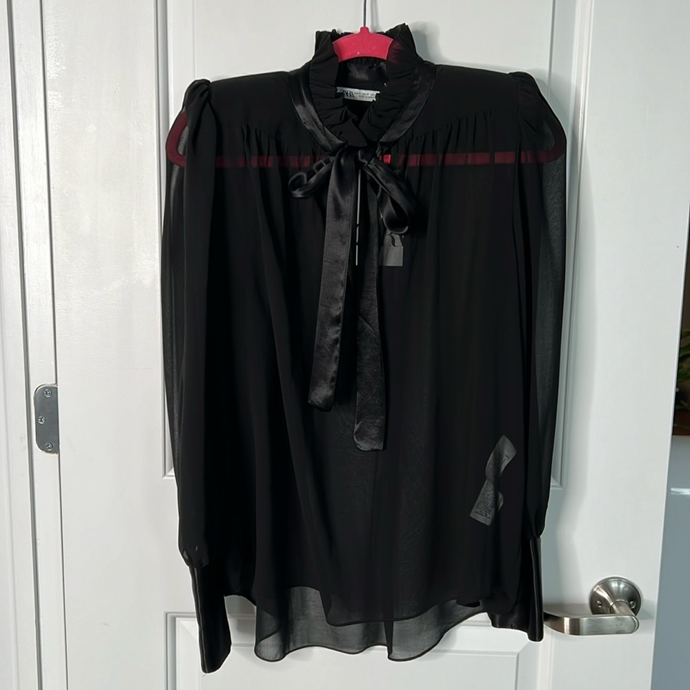 Zara black sheer top with shoulder pads
